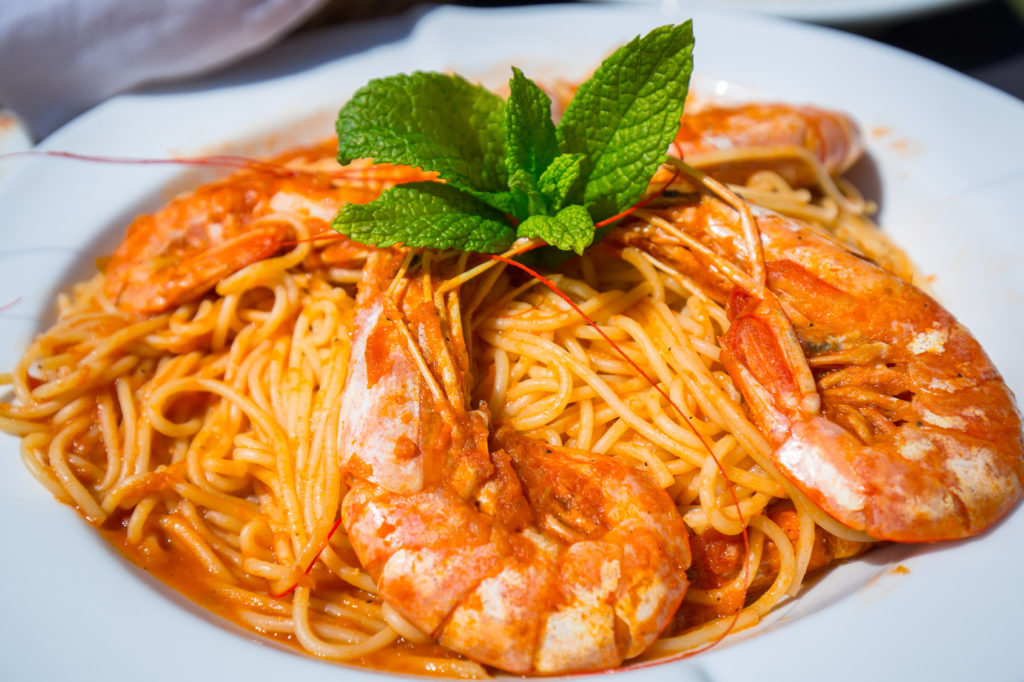 Shrimp tomato cream spaghetti